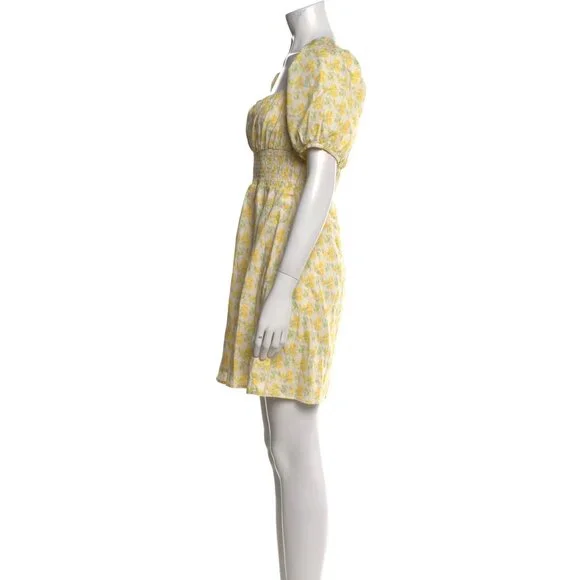 Faithfull The Brand Yellow Floral Puff Sleeve Smocked Mini Dress M - Picture 2 of 5